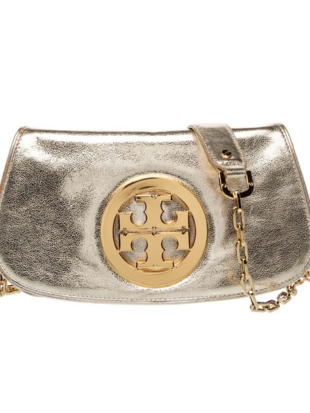 Tory Burch Metallic Gold Logo Shoulder Clutch
